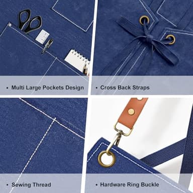 OUNLEN Chef Apron for Men Women Canvas Aprons with 3 Pockets Cross Back Resistant Work Apron for Cooking Grilling Baking BBQ Barber Kitchen (Blue) - Image 3