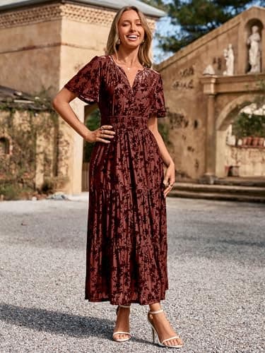 Amegoya Womens Velvet Burnout Dress Fall Wedding Guest Maxi Dresses Short Sleeve V Neck Semi Formal Long Bridesmaid Dress（Rust L） - Image 7
