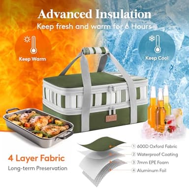 Lifewit Expandable Insulated Casserole Carrier for Hot or Cold Food, Double Decker Food Bag Lasagna Holder Carry Tote for Potluck Parties/Picnic/Cookouts, Fits 9"x13" Baking Dish, Dark green - Image 3