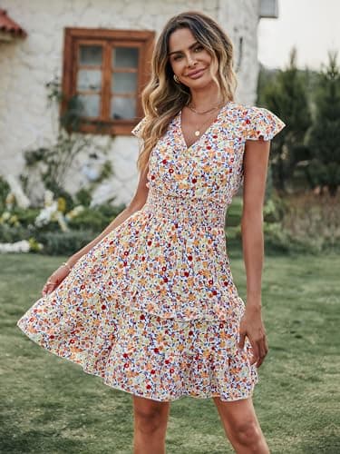 PRETTYGARDEN Casual Summer Dresses for Women 2025 Short Sleeve V Neck Floral Mini Dress Boho Smocked Ruffle Short Sundress(X-Small, White) - Image 2