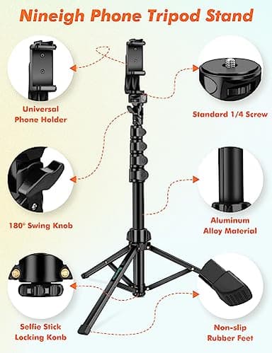 Nineigh 71" Tripod for iPhone, Phone Tripod Selfie Stick with Remote, Cell Phone Tripods & Tall Travel Tripods for Recording Video Selfies Photo, Compatible with iPhone 17 16 15 14 Pro Max 13 Android - Image 7