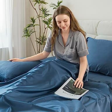 DOWNCOOL Queen Sheet Set - 100% Cotton Sheets Queen Size Set, 400 Thread Count Sateen, 16" Deep Pocket Queen Sheets, Silky Soft & Breathable Bed Sheets, 4-Piece Hotel Luxury Cotton Sheet Set, Blue - Image 4