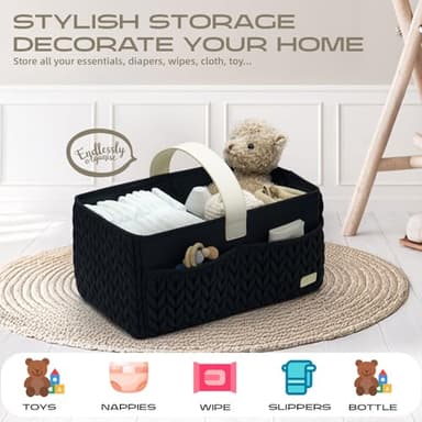 LUKJOJO Luxurious Baby Diaper Caddy, Nursery Storage Basket for Newborn Essentials, Travel Baby Basket for Diapers Baby Wipes, Organizer Tote Bag Storage Bin, Baby Shower Gifts(black) - Image 8