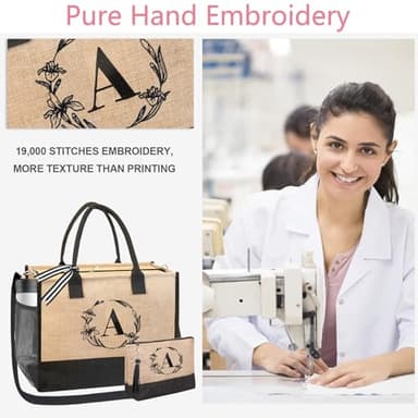 BeeGreen Birthday Gifts for Women Initial Jute Tote Bag for Friends Mother Bride Appreciation Gifts Bag Beach Tote Bag with Magnetic Buckle Embroidery Large Personalized Gift - Image 4