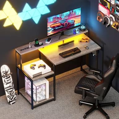 AODK Computer Desk, 48 Inch Gaming Desk with Led Lights & Power Outlet, Office Desk with Storage Shelves, Reversible Desk with Monitor Shelf & Headphone Hook, Grey Oak - Image 2