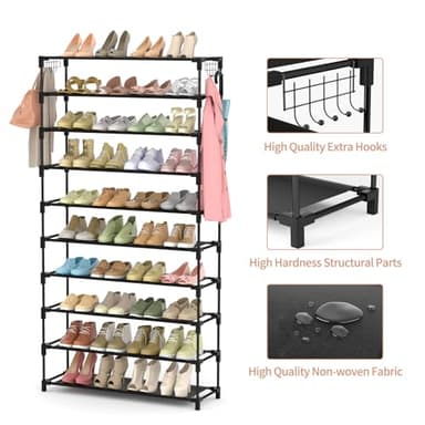 LANTEFUL 10 Tiers Shoe Rack 50 Pairs Large Capacity Tall Shoe Organizer Sturdy Shoe Storage with Two Hooks Space Saving Metal Wide Shoe Rack for Closet, Entryway, Bedroom, Black - Image 4