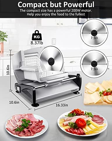 Meat Slicer, 200W Electric Deli Food Slicer with 2 Removable 7.5'' Stainless Steel Blades and Tray, Adjustable Thickness for home use,Child Lock Protection,Easy to Clean,Cuts Meat, Bread and Cheese - Image 6
