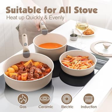 SENSARTE 17 Piece Ceramic Pots and Pans Set, Nonstick Detachable Handle Cookware, Induction Kitchen Cookware Set with Removable Handle, Dishwasher ＆ Oven Safe (Almond Beige) - Image 6