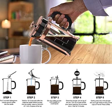 QUQIYSO Coffee Maker 304 Stainless Steel French Press with 4 Filter, Heat Resistant Durable, Easy to Clean, Borosilicate Glass Coffee Press, 100% BPA Free Teapot, 21 ounce, copper - Image 6