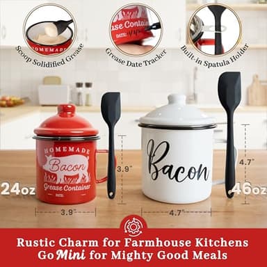 Ayerphalo Bacon Grease Container with Strainer - With Food-Grade Silicone Spatula, 24oz Enamel Rustic Farmhouse Fat Container, Keeper, Recipes, Dishwasher Safe - Image 3