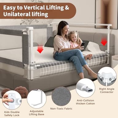 PurePapoose 3-Pack King Size Bed Rail for Toddlers - Height Adjustable Baby Bed Rail Guard with Headboard Rod,Safety Bed Rails for King Size Bed with Child Lock(2 Sides 78.7" + 1 Side 74.8") - Image 2