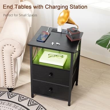 AMHANCIBLE Night Stand Set 2, LED Nightstand with Charging Station, End Tables Living Room with Fabric Drawers, Bedside Table for Bedroom, Black, HET052LBK - Image 9