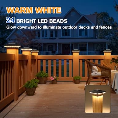 APONUO 4x4 Solar Post Cap Lights 16 Pack - IP65 Waterproof, 24 LED Warm White Solar Lights for 4x4 Wood/Vinyl Fence, Deck, Patio & Yard (Auto On/Off, 10H Runtime, Easy Install) - Image 2