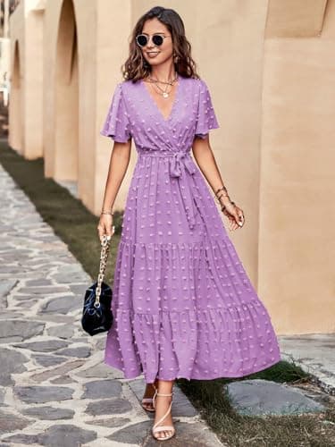 MASCOMODA Womens Swiss Dot Maxi Spring Wedding Guest Dress 2025 Casual Wrap V Neck Flutter Sleeve Long Flowy Party Dresses(Light Purple,X-Large) - Image 5