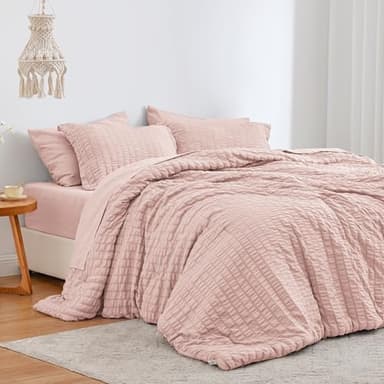 Love's cabin Seersucker Pink Twin Comforter Set 5 Pieces, All Season Bedding Set, Twin Bed in a Bag Comforter Set with Comforter, Flat Sheet, Fitted Sheet, Pillowcase and Pillow Sham - Image 1