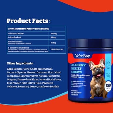 YoYoBay Dog Allergy Relief Chews – 180 Soft Chews, Duck & Pear Flavor - Immune Support & Itch Relief with Colostrum, Astragalus Root, 6-Strain Gut Health Blend - Image 8