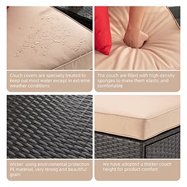 Shintenchi 7 Pieces Patio Furniture Sets Outdoor All-Weather Sectional Patio Sofa Set PE Rattan Manual Weaving Wicker Patio Conversation Set with Glass Table&Ottoman Cushion and Red Pillows, Beige - Image 4