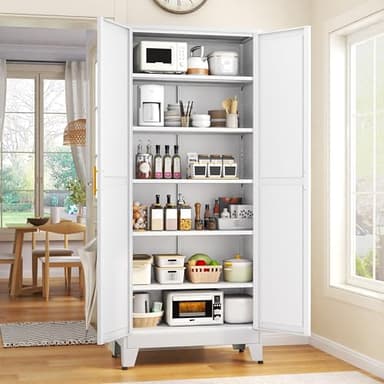 GAIOUS 75.2" Tall Metal Kitchen Pantry Storage Cabinets with 2 Door and 5 Adjustable Shelves, Cupboard for Kitchen, Dining Room, Living Room and Bathroom, White - Image 1