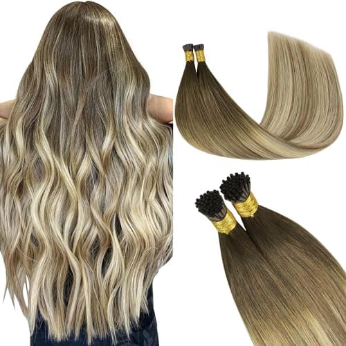 GOO GOO I Tip Hair Extensions - Real Human Hair, 18inch 100g 100S, Cold Fusion I Tip, Invisible Remy, 3/8/613 Balayage Walnut Brown to Ash Brown and Bleach Blonde - Image 1