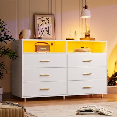 EnHomee White Dresser with LED Lights, 6 Drawers & 2 Open Shelves Top Dresser for Bedroom, Wood Chests of Drawers - Image 3