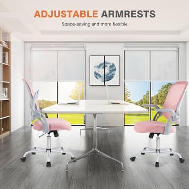 Sweetcrispy Home Office Computer Desk Chair, Ergonomic Mid-Back Mesh Rolling Work Swivel Task Chairs with Wheels, Comfortable Lumbar Support, Comfy Flip-up Arms for Bedroom, Study, Student, Pink - Image 5