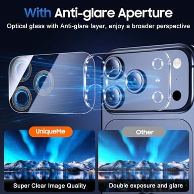 UniqueMe Compatible for 3 Pack iPhone 17 Pro Max Camera Lens Protector - [Drop Protection] [Case Friendly] 9H Tempered Glass Camera Cover Screen [Update New Version] - Glitter Black - Image 4