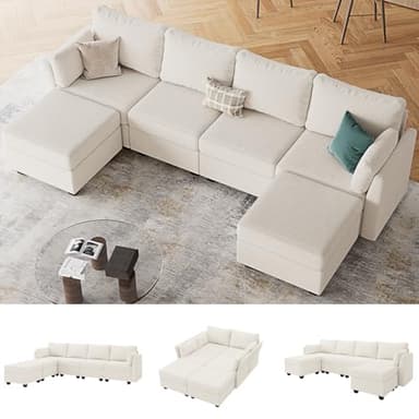 Huatean Home 114.17" Modular Sectional Sofa, 6 Seat Modular Couch with Storage, Memory Foam, Convertible Sectional Couches for Living Room, U Shaped Comfy Modular Sofa with Chaise, Beige - Image 1