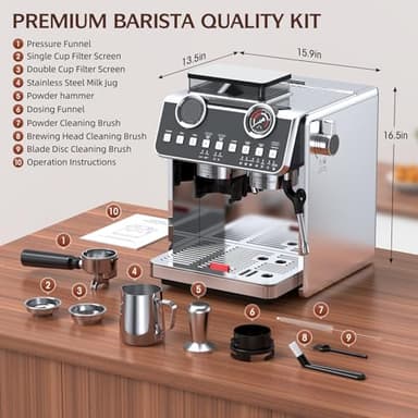 QJA Espresso Machine with Grinder, 20 Bar Pressure Professional Espresso Maker with 30 Grinding Settings, 58mm Portafilte, Anti-scalding Milk Frother Steam Wand for Latte Cappuccino (Stainless Steel) - Image 8