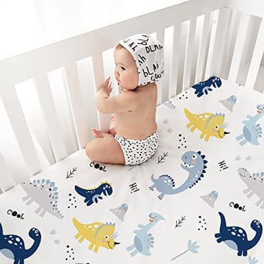 Plushii Crib Sheets for Baby Boys 4 Pack, 28"x 52" Extra Soft Microfiber Crib Sheet Set for Standard Crib & Toddler Mattress Pad, Dinosaur & Elephant & Stars & Navy Blue - Image 2