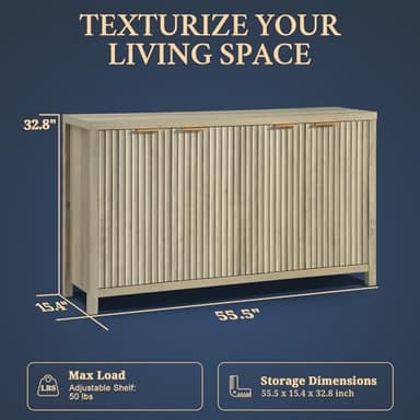 OAKHAM HOME Fluted Sideboard with Storage 4 Doors Buffet Cabinet Large Modern Credenza Accent Console Cabinets with Adjustable Shelves for Living Room Kitchen Hallway, Natural - Image 3