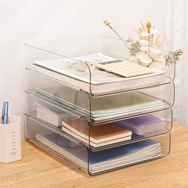 Set of 4 Office Organization and Storage, Clear PET Letter Tray Desk Organizer, Stackable Document and File Paper Organizer for Office Supplies - Image 2