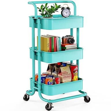 Pipishell 3 Tier Mesh Utility Cart, Rolling Metal Organization Cart with Handle and Lockable Wheels, Multifunctional Storage Shelves for Kitchen Living Room Office Turquoise - Image 1