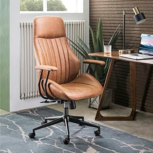 ovios Ergonomic Home Office Chair, Mid-Century Modern Faux Leather Chairs with Padded Armrests, Comfy High Back Swivel Rolling Executive Computer Armchair (Brown, Suede Leather) - Image 1
