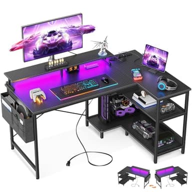 ODK 48 Inch Gaming Desk with USB Charging Ports and LED Lights, Reversible L Shaped Computer Desk with Storage Shelves & Monitor Stand, Corner Gamer Desk Table with Power Outlets, Black - Image 1