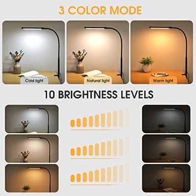 Voncerus LED Desk Lamp with Clamp, Eye-Caring Clip on Lights for Home Office, 3 Modes 10 Brightness, Long Flexible Gooseneck, Metal, Swing Arm Architect Task Table Lamps with USB Adapter, Black - Image 2