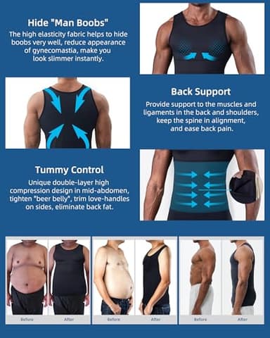 KOCLES Compression Shirt Men Slimming Undershirt Body Shaper Vest, Gym Workout Gynecomastia Compression Tank Top, Abs Abdomen Shapewear Tummy Control (X-Large, Black) - Image 2