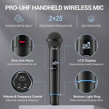 TONOR Rechargeable Wireless Microphones, Metal Bluetooth Handheld Cordless Mic System with Receiver, 2x25 UHF Professional Dynamic Mic for Karaoke, Church, Singing, Wedding, Meeting, DJ, 328ft TW720 - Image 7