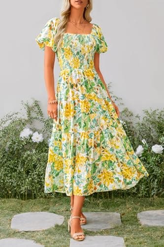 PRETTYGARDEN Women's Casual Summer Midi Dress Puffy Short Sleeve Square Neck Smocked Tiered Ruffle Dresses (Floral Yellow,Large) - Image 8