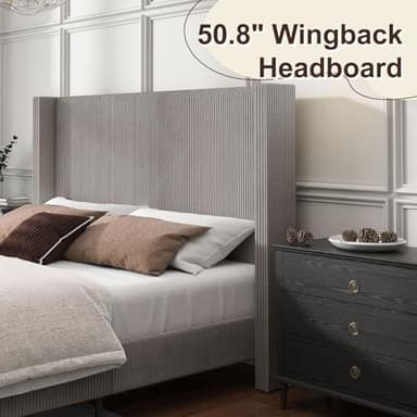 HOWE King Size Upholstered Platform Bed Frame, Wingback Bed with 50.8" Headboard, Corduroy/Solid Wood Leg/No Box Spring Needed/Noise Free/Taupe - Image 5