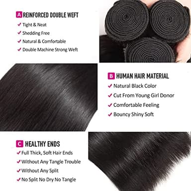 Straight Bundles Human Hair 16 16 16 Inch Brazilian Straight Hair Bundles 100% Unprocessed Virgin Hair Weave Bundle Human Hair Extensions for Women Trippy Hair Bundle Natural Color - Image 2