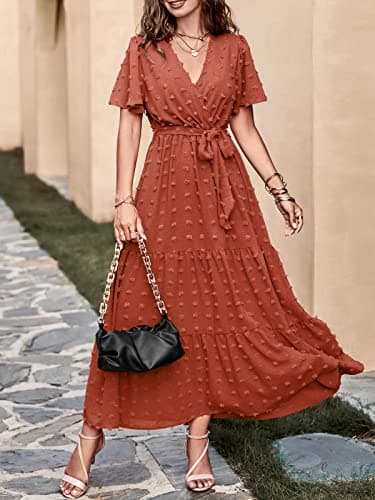 MASCOMODA Womens Boho Swiss Dot Maxi Dresses Wrap V Neck Flutter Short Sleeve Solid Tie Belt A Line Tiered Flowy Long Dress(Orange,X-Large) - Image 4