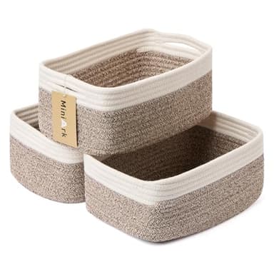 MiniArk Small Storage Baskets for Organizing | Closet Organizer Bins | Shelf Toy Basket | Woven Rope Baskets | Cube Decorative Box | Shallow Basket | 13x8.5x5.1” | 3 Packs White Brown - Image 1