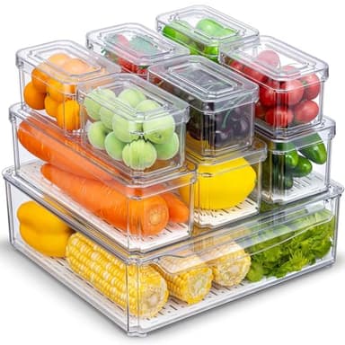 KUMD 10 Pack Fridge Organizer, Stackable Refrigerator Organizer Bins with Lids, BPA-Free Produce Fruit Storage Containers for Storage Clear for Kitchen, Food, Drinks, Vegetable Storage - Image 1