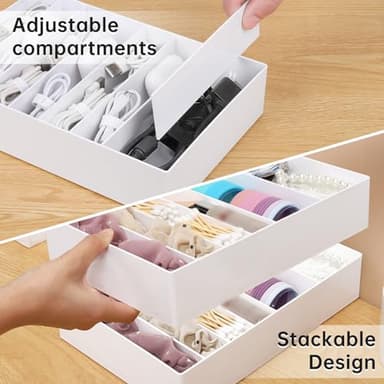 PAVSTINE 2 Pcs Large Cable Organizer Box with Wire Ties,Plastic Charger Organizer box with 8 Compartments,Stackable Cord Organizer Box for Office,Home,Desk Drawer Stationery Supplies Storage,White - Image 5