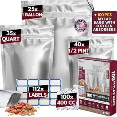 100 Pack Mylar Bags with Oxygen Absorbers - 11 MIL Thick 3 Sizes - 25x1 Gallon 35x1 Quart 40x1/2 Pint - Resealable Bags with 100 Oxygen Absorbers for Food Storage & 112 Labels, Sealable Smell Proof - Image 1