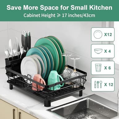 MOUKABAL Dish Drying Rack, Dish Rack, Stainless Steel Dish Racks for Kitchen Counter, Dish Drainer with Removable Utensil Holder, Drainboard (Black) - Image 3