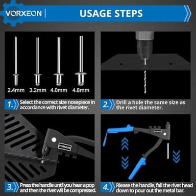 VORXEON Pop Rivet Gun Kit 3/32" 1/8" 5/32" 3/16" Heavy Duty Riveter Tool With 4 Drill Bits And 100 Rivets, Quick Replacement Rivet Nozzles For Metal, Furniture, Automotive - Image 4