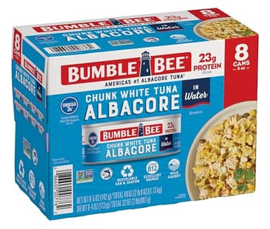 Bumble Bee Chunk White Albacore Tuna in Water, 5 oz Can (Pack of 8) - Wild Caught Tuna - 23g Protein per Serving, High in Omega-3s - Non-GMO Project Verified, Gluten Free, Kosher - Image 1
