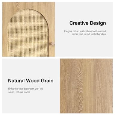 Rattan Bathroom Wall Cabinet, Boho Medicine Wall Cabinet with Double Doors and Adjustable Shelves, Tall Kitchen Wall Mounted Storage Cabinet, Floating Space Saver Over Toilet, Natural - Image 7
