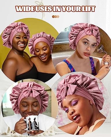 Satin Bonnet for Sleeping Cap Double Layer Hair Bonnet with Elastic Tie Band for Curly Hair Night Cap (Bean Paste + Pink) - Image 7